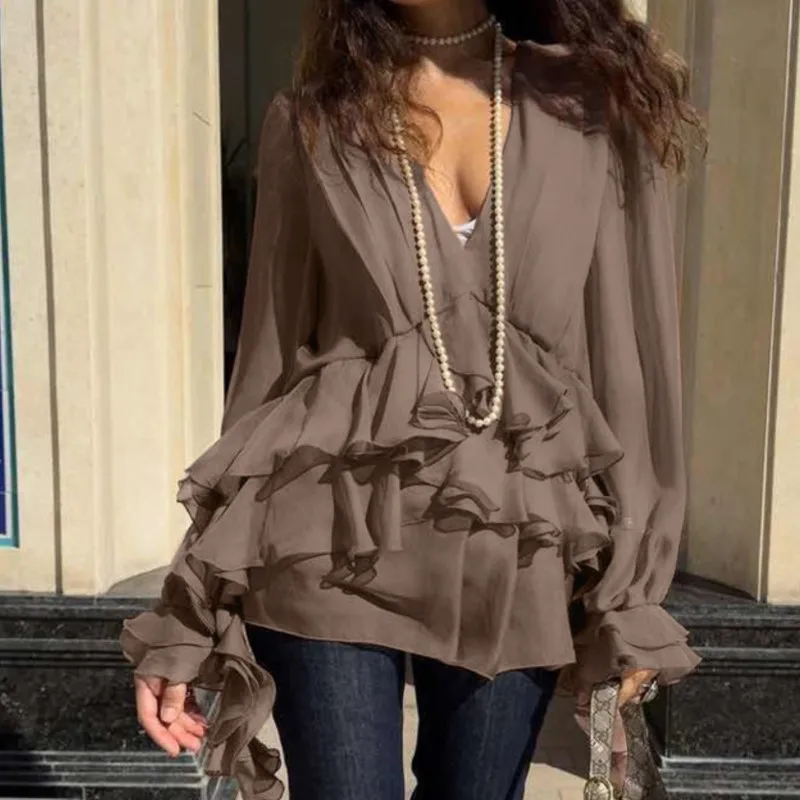 

Casual Chiffon Shirt For Women Sexy Pleated Loose V Neck Long Sleeve Ruffled Edges Blouse 2025 New Summer Fashion Solid Shirts
