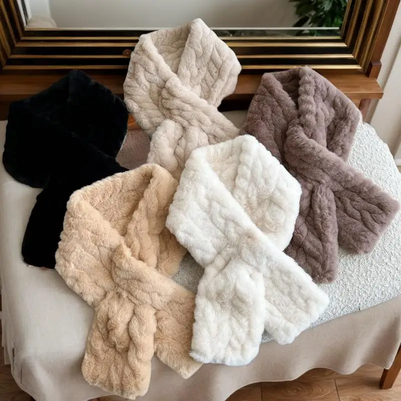 

Новый шарф с крестом из искусственного кроличьего меха рекса, ветрозащитный холодостойкий шейный воротник, толстый теплый вязаный шейный платок для женщин