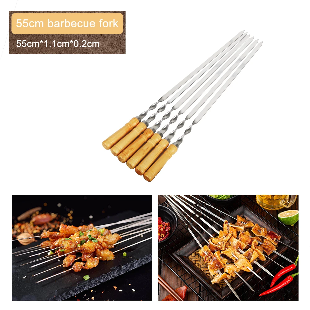 

55cm 21.65" Barbecue Grill Stick BBQ Skewers Long Handle Shish Kebab Wood BBQ Fork Stainless steel Outdoors Grill Needle