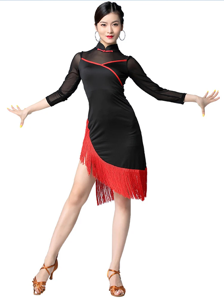 Tassel Latin Dance Dress Women Fringe Cheongsam Dress Performance Clothing Sexy Tango Cha Cha Rumba Classical Dance Costume