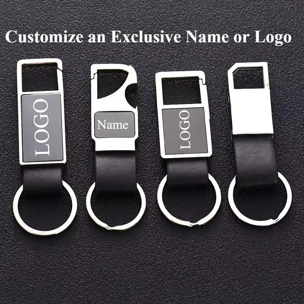 

Custom Laser Logo Name Keychain Men Business Metal Genuine Leather Keyring luxury Creative Car Moto Key Chain Ring Gift