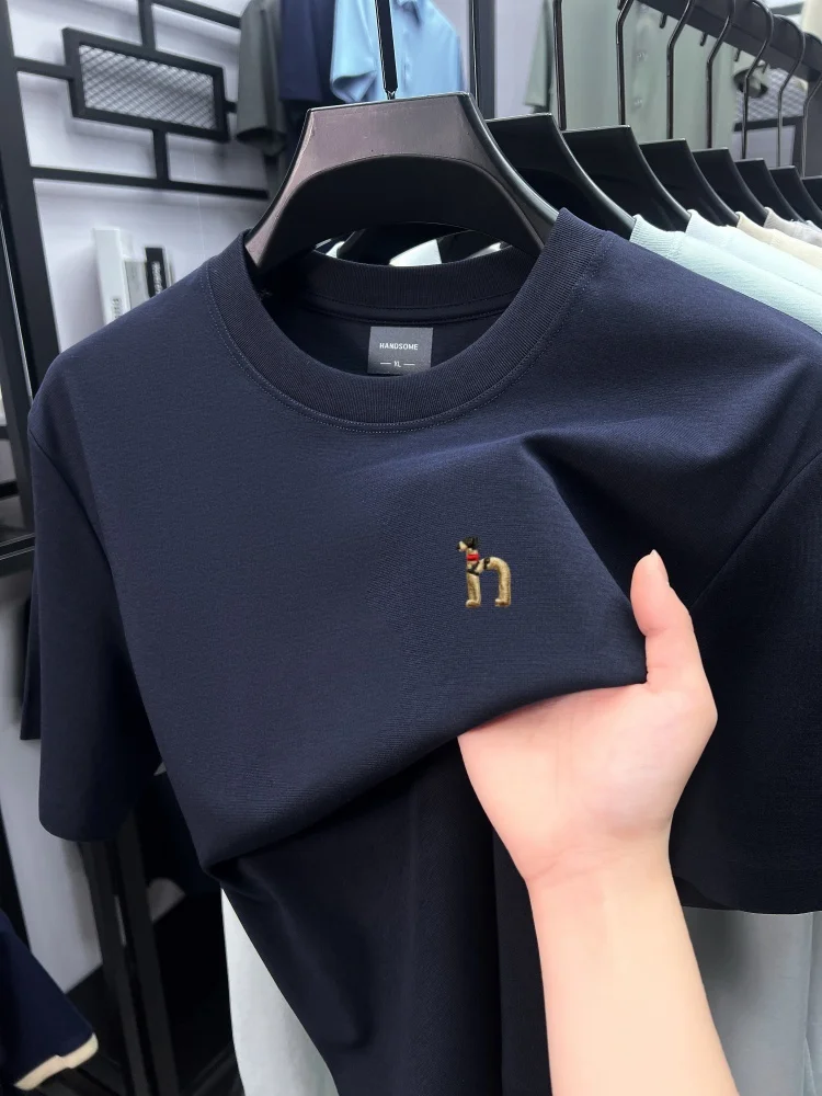 

Высококачественная мужская футболка с круглым воротником летний лед хлопок короткие рукава прохладный воздухопроницаемость модный бренд собаки вышивка новый Чистый цвет Жилет