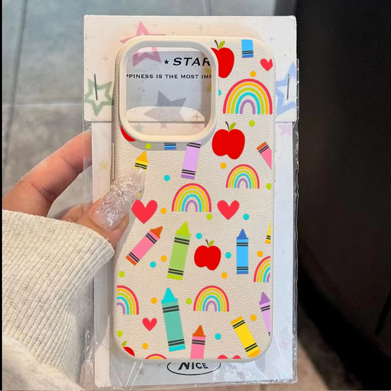 Phone Case For iPhone 11 12 13 14 15 16 17 18 Pro Max Plus XS XR 16e 17e Air Ins Style Colorful Wax Crayon Red Apple Heart Cover