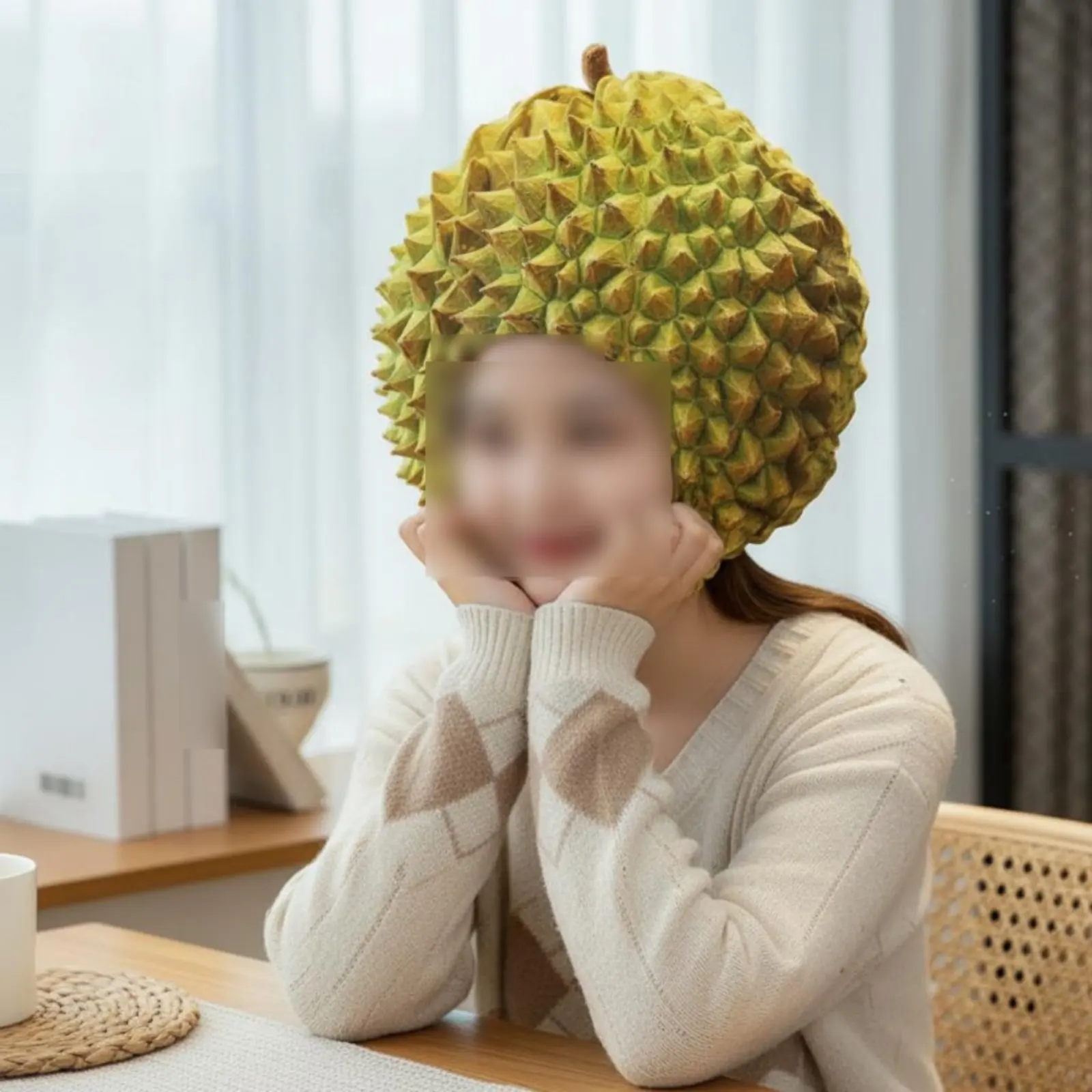 

Soft Durian Head Cover Funny Durian Hat Fruit Costume Headpiece Super Soft Novelty Headwear PP Cotton Filled for Teens