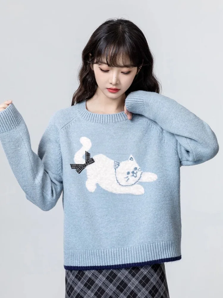Cartoon Cat Print Kawaii Sweaters Women Sweet Bow Long Sleeve Cute Knitted Jumper Vintage Japan O Neck Casual Loose Pullovers