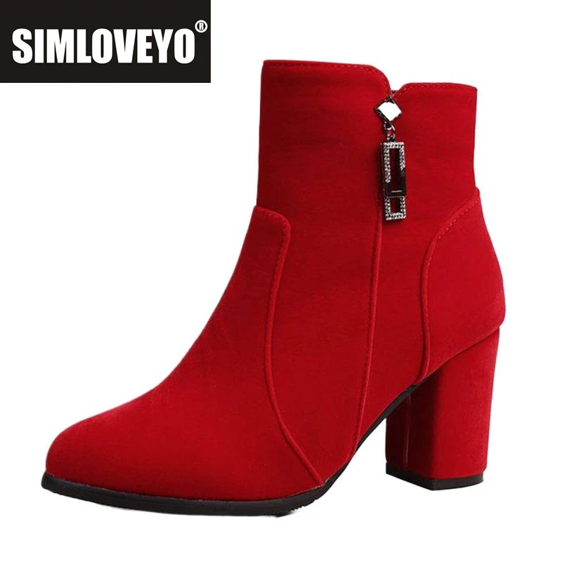 

SIMLOVEYO Mature Female Ankle Boots Round Toe Chunky Heels 7.5cm Decoration Size 50 51 52 Women Bota