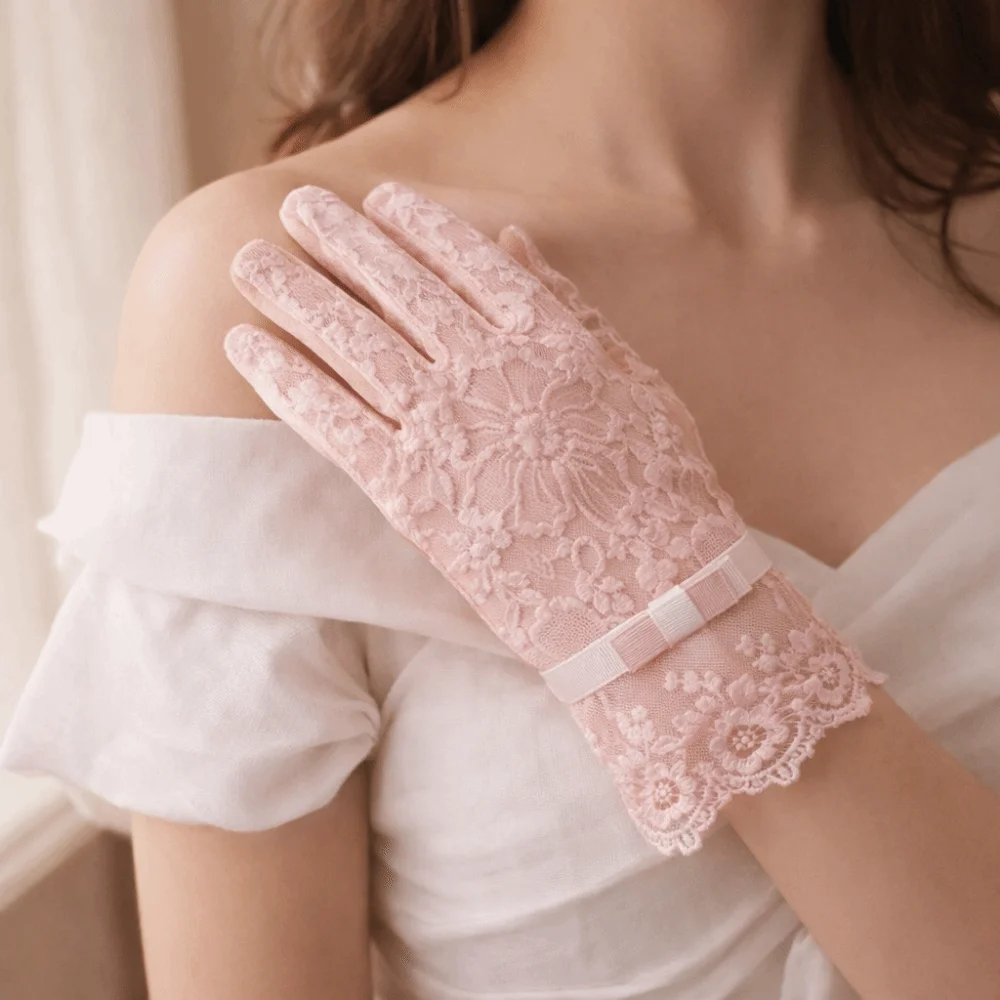Anti-skid Women Sun Protection Gloves Lace Full-finger Design Ice Silk Lace Gloves Breathable Thin Material