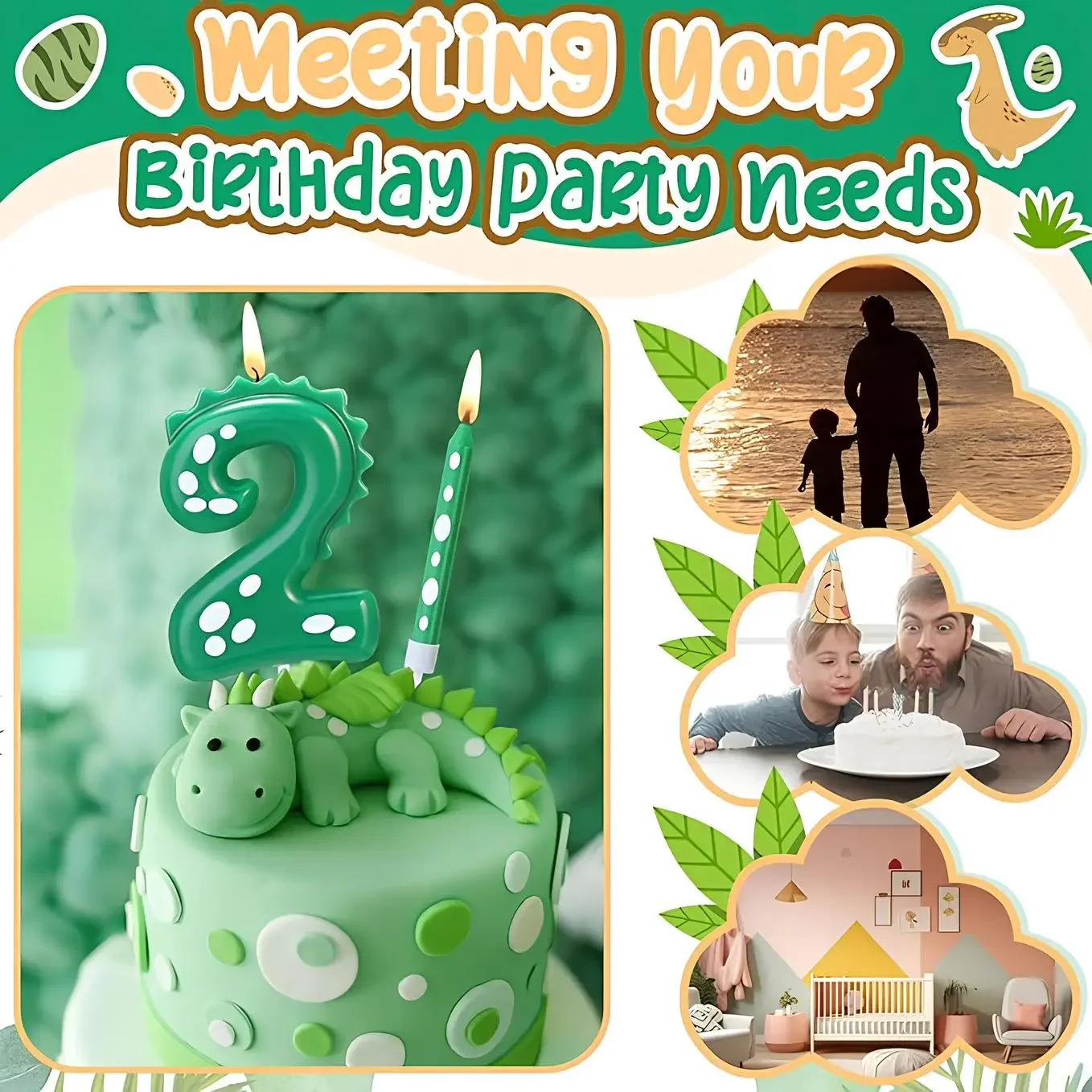 7pcs Dinosaur Birthday Candle,0-9 Green Number Candle for Dinosaur Theme Party Decoration, Number Candle for Cake Top