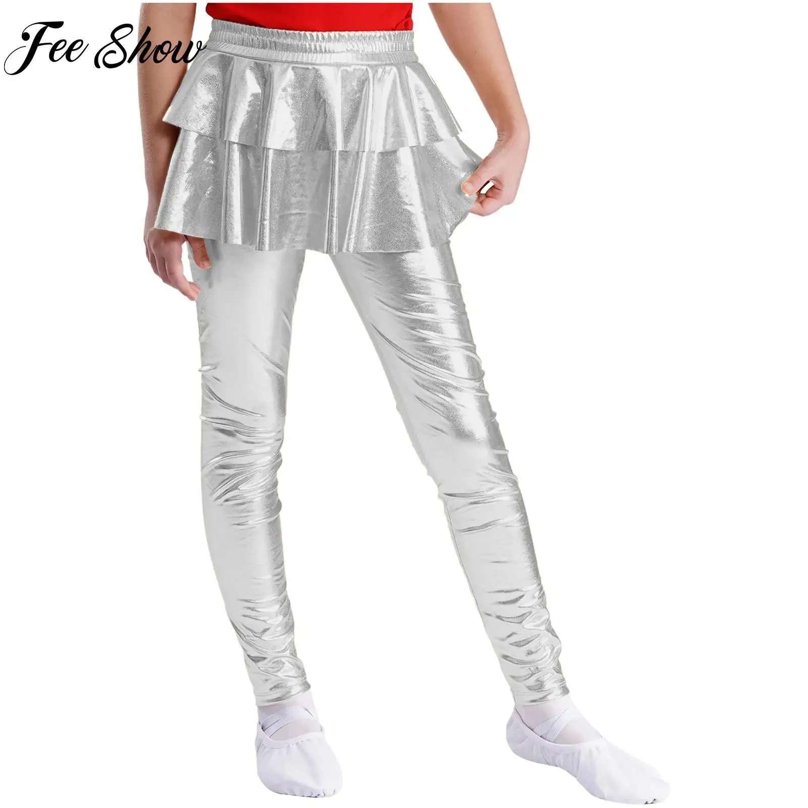 

Kids Girls Disco Skirted Leggings Elastic Waistband Metallic Ruffled Shiny Pantskirt for Birthday Party Prom Stage Performance