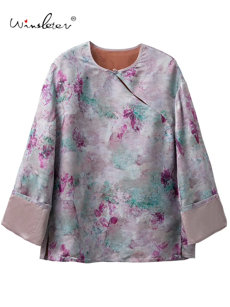 

Winsleter-100%Real Silk Watered Gauze Elegant Shirt, O Neck Jacquard, Women Temperament Retro Chic Blouse, 2025 Autumn T59841CC