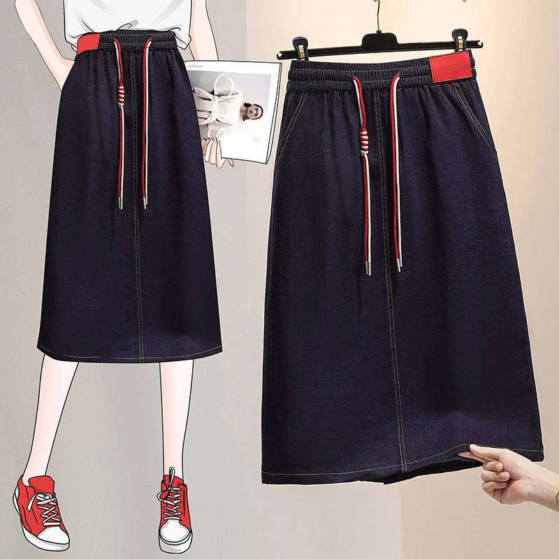 

Summer new casual denim half skirt women elastic high waisted drawstring slimming and color blocking hip hugging skirt
