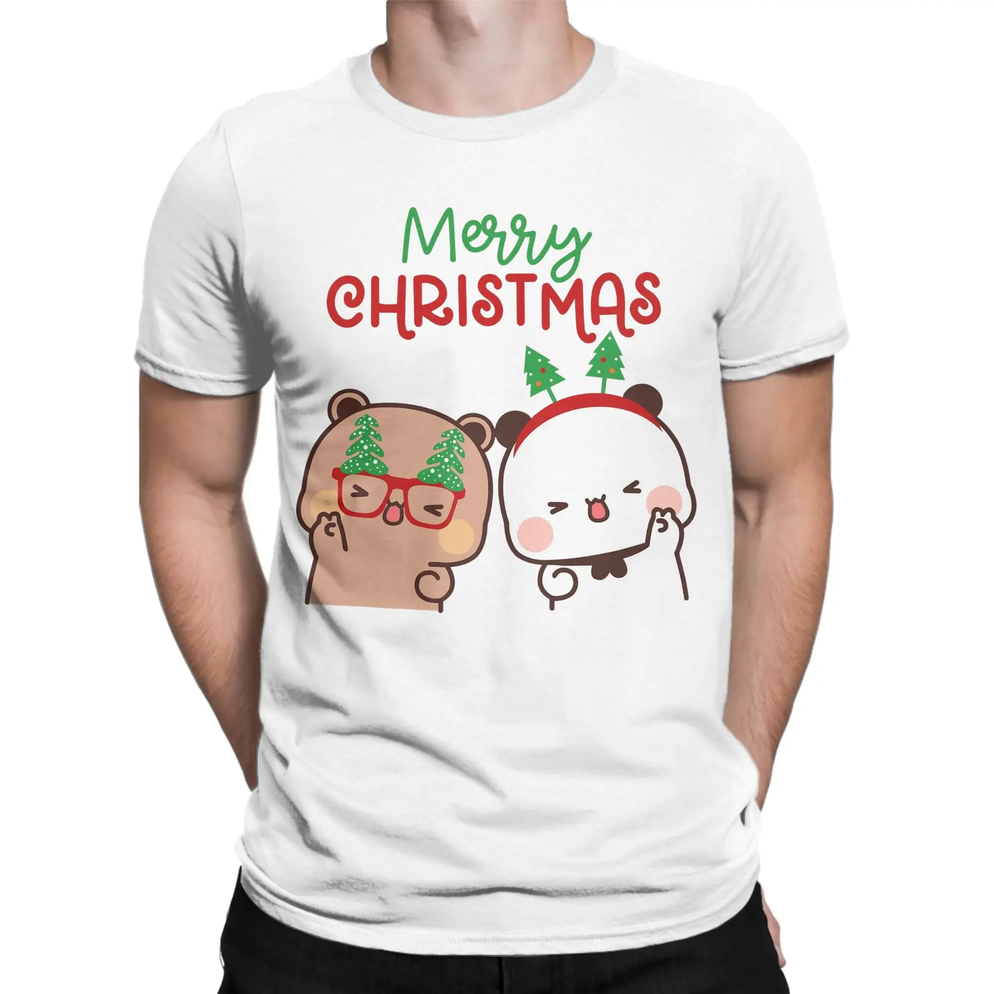 Men DuDu Bear and BuBu Panda celebrating Christmas T Shirts  Cotton Top Tees Summer Streetwear Short Sleeves T Shirt O Neck
