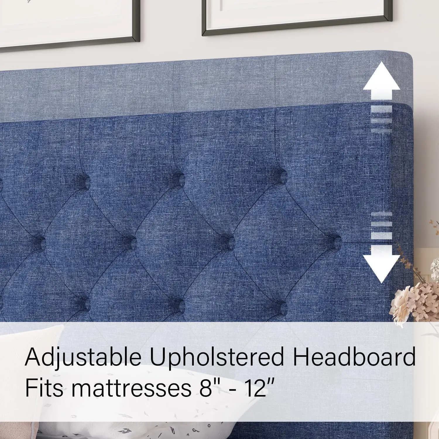 

Queen Bed Frame With Button Tufted Headboard, Blue Upholstered Platform Bed Frame Bed, Soft Fabric/Wood Slats Support/No Box