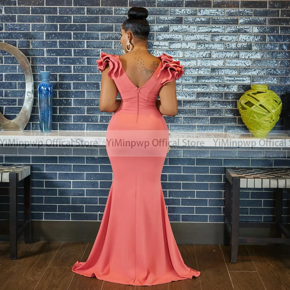 Coral Mermaid Bridesmaid Dresses V Neck Backless Floor Length Africa Wedding Guest Party Gowns Maid of Honor Dress Customized