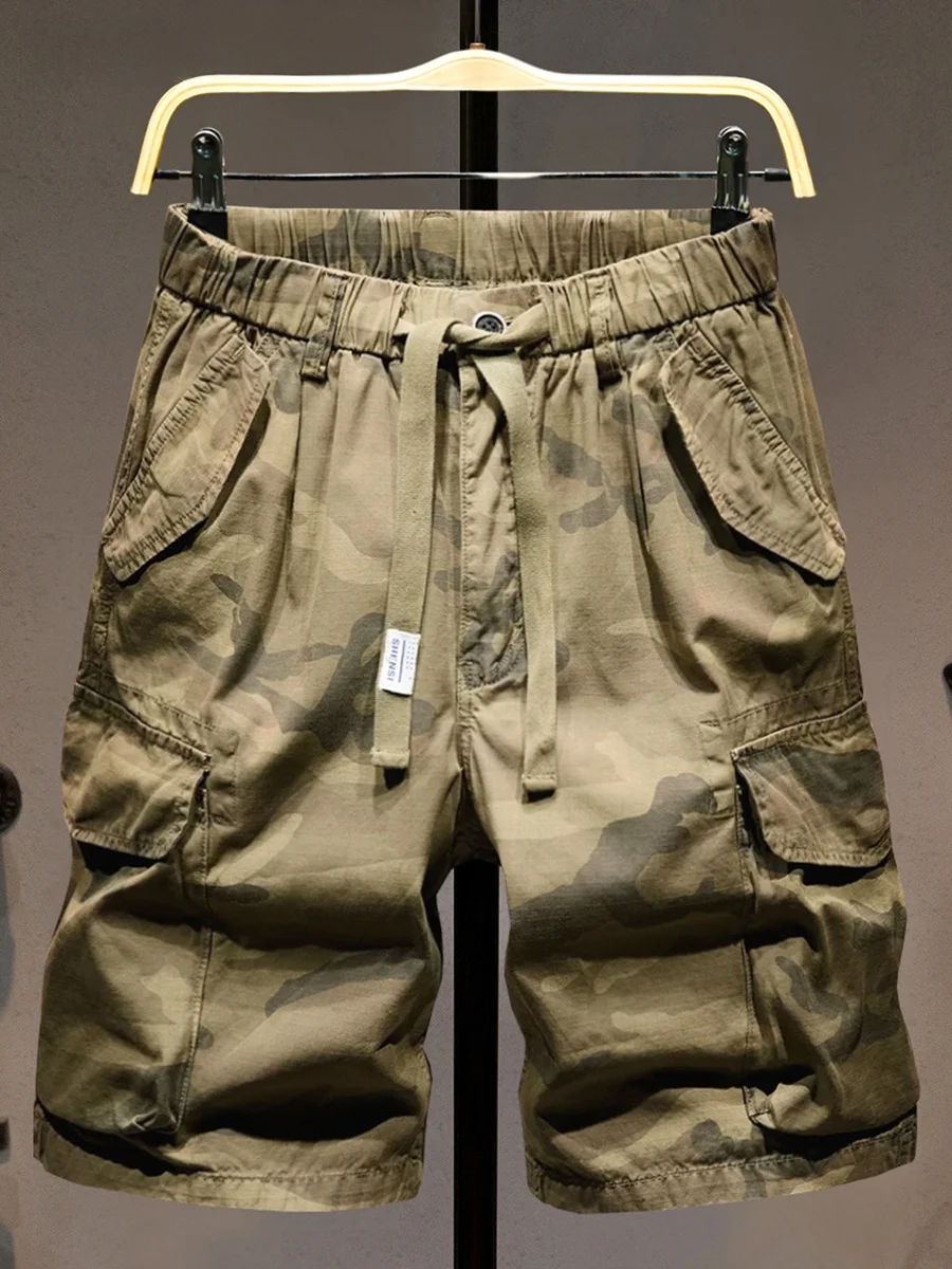 

Мужские летние шорты-карго цвета хаки с камуфляжным принтом, новые, свободные, с большими карманами, в американском ретро-стиле, повседневные, дышащие, средней длины