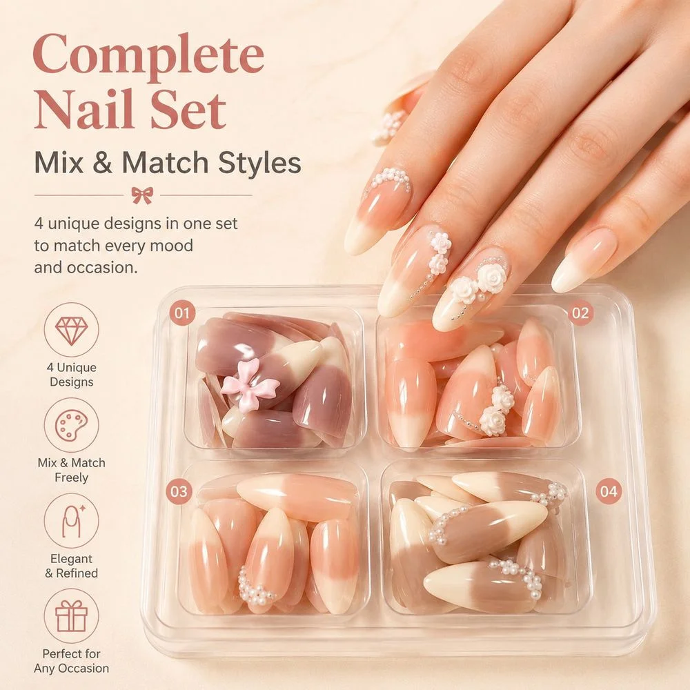 120Pcs Boxed Wearable False Nails Medium Almond Nude Pink Ombre 4 Styles Mixed 3D Rose Pearl Bow Decor Removable Manicure view 3