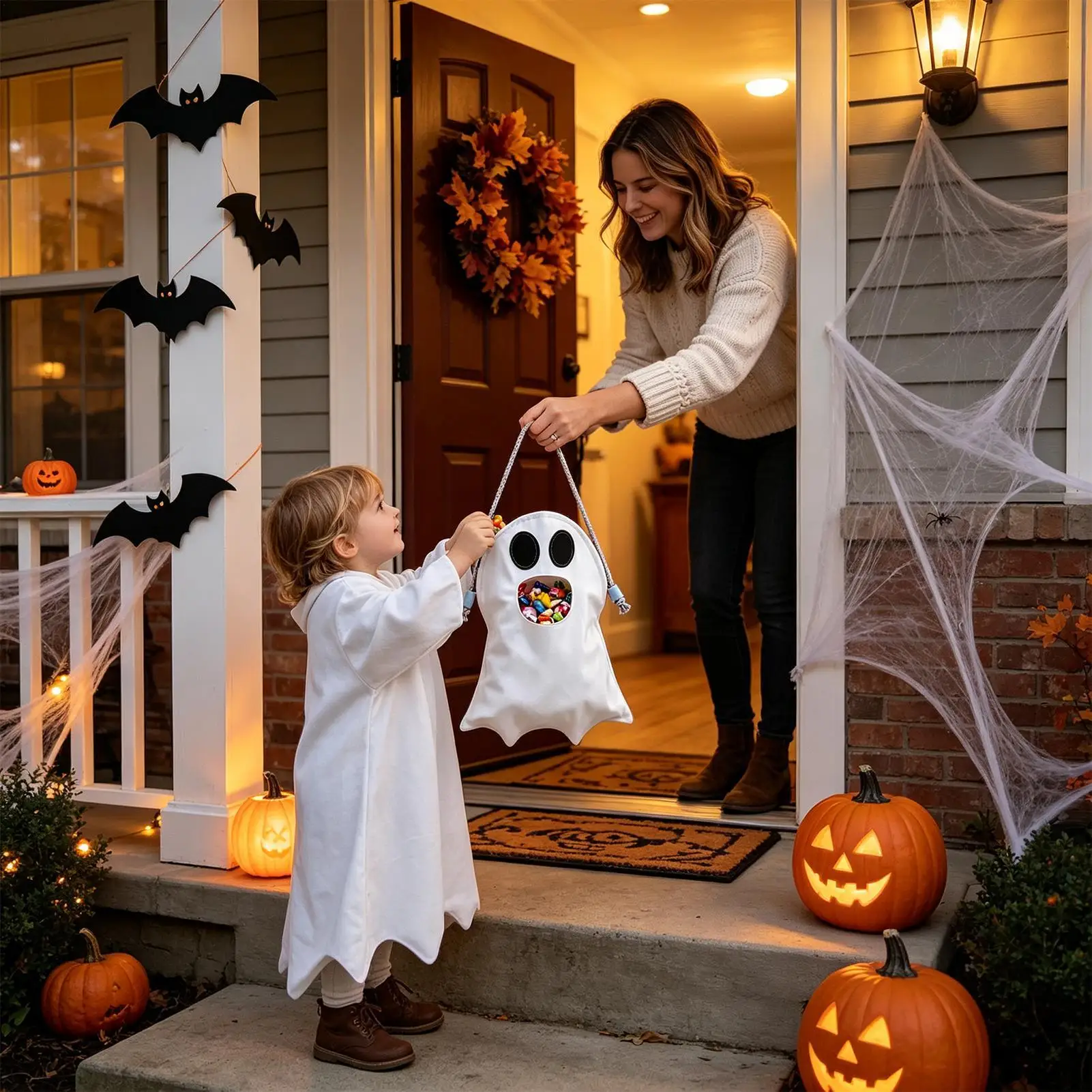 Halloween Ghost Candy Bag Reusable Cute Ghost Fabric Handbag Pouch Halloween Trick Or Treat Candy Bag For home holiday party