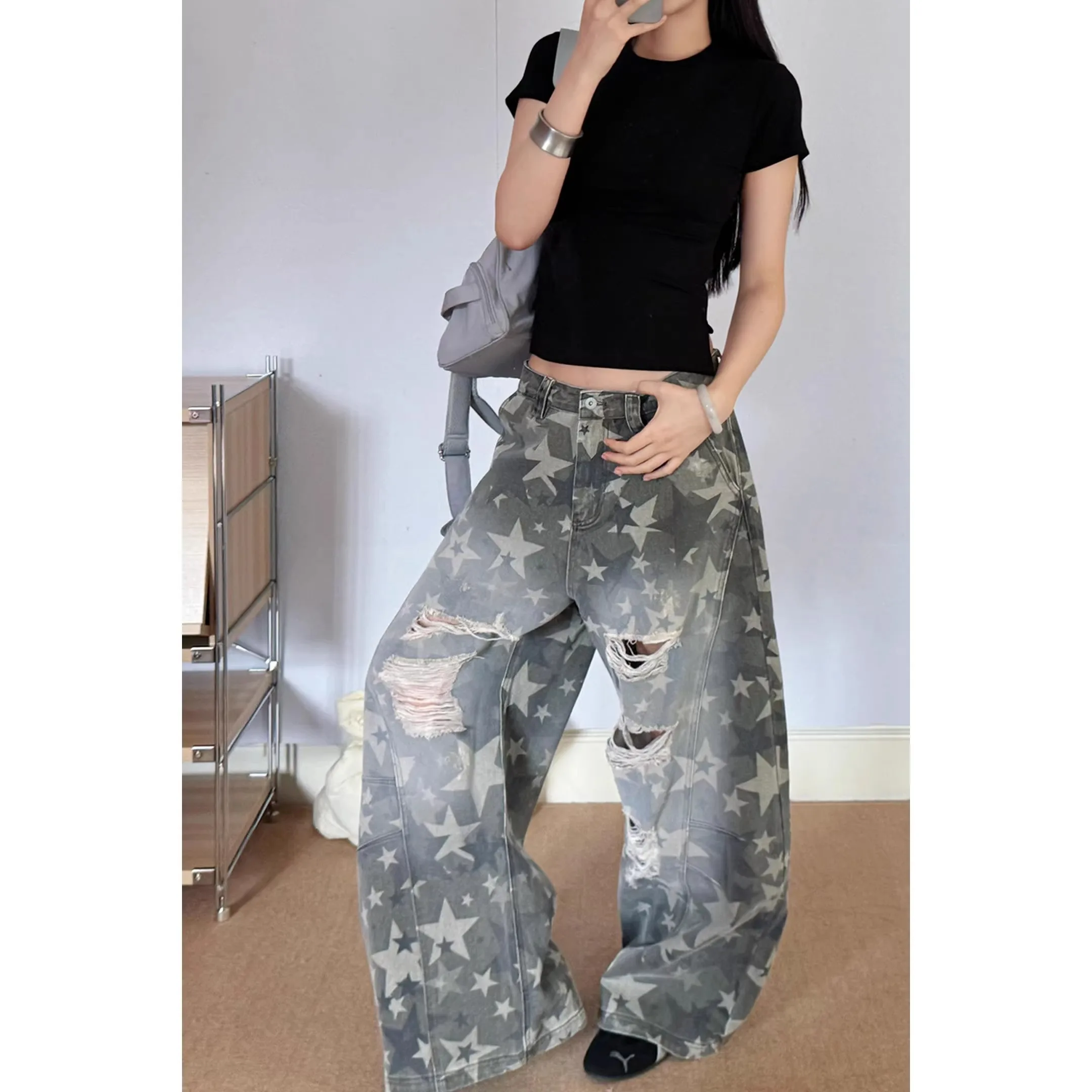 

American High Street Vintage Jeans for Women's New High Rise Retro Straight Trousers Pop Gothic High Waist Wide-leg Denim Pants