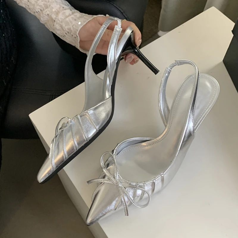 Liyke Sexy Butterfly Knot Pointed Toe Slingback Shoe Women Pumps Elegant Low Thin Heels Wedding Party Mules Sandal Zapatos mujer