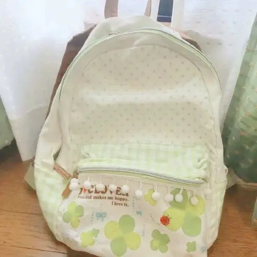 Japanese Cute Countryside Style Nylon Canvas Green Lucky Clover Large Capacity School Bag Student Storage Bag Travel Backpack