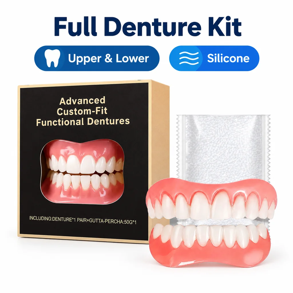 Full Denture Fake Teeth For Missing Uneven Teeth Temporary False Teeth Kit Natural Silicone Upper Lower Veneers Paste Kit