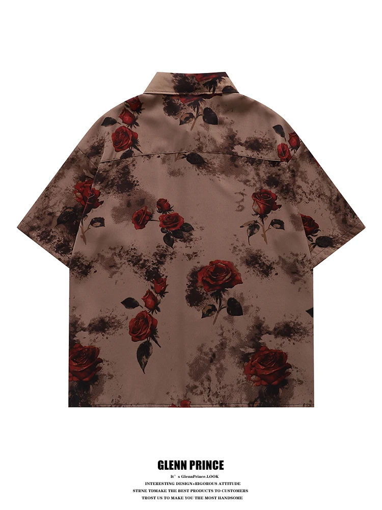 GPstudio Vintage Rose Print Short Sleeve Men's Shirt Summer Beach Beach Couple's Shirt Loose Fit Polyester Fiber No Ironing R...