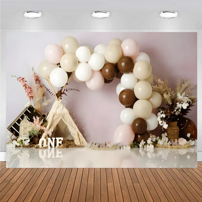 Baby First Birthday Backdrop for Girl Boy Baby Shower Party Tent Pampas Grass Flower Balloons Decoration Background Photography