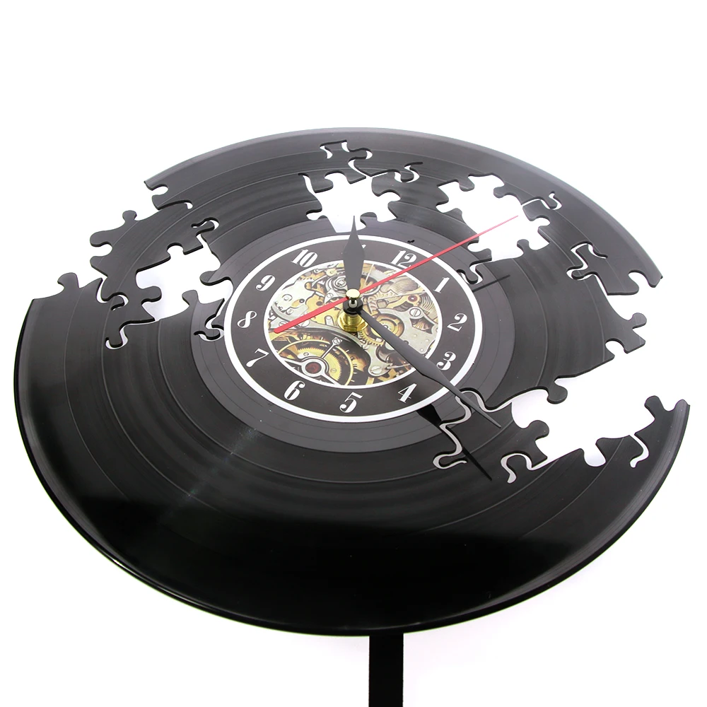 Modern Jigsaw Falling Puzzle Alpha Art Wall Clock Puzzle Pendulum Vinyl Record Wall Clock Home Decor Steampunk Clock Wall Watch