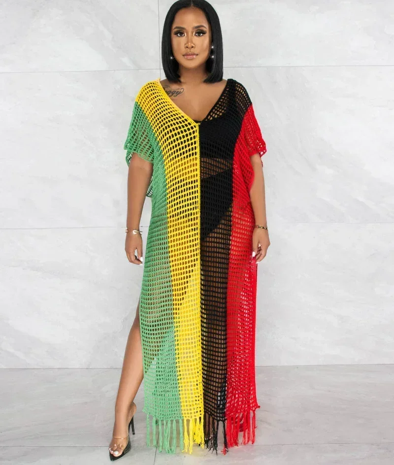 

GUWU Striped Crochet Knit Sexy Hollow Out V-neck Batwing Sleeve Maxi Long Slim Dress Vintage Women Party Evening Dresses