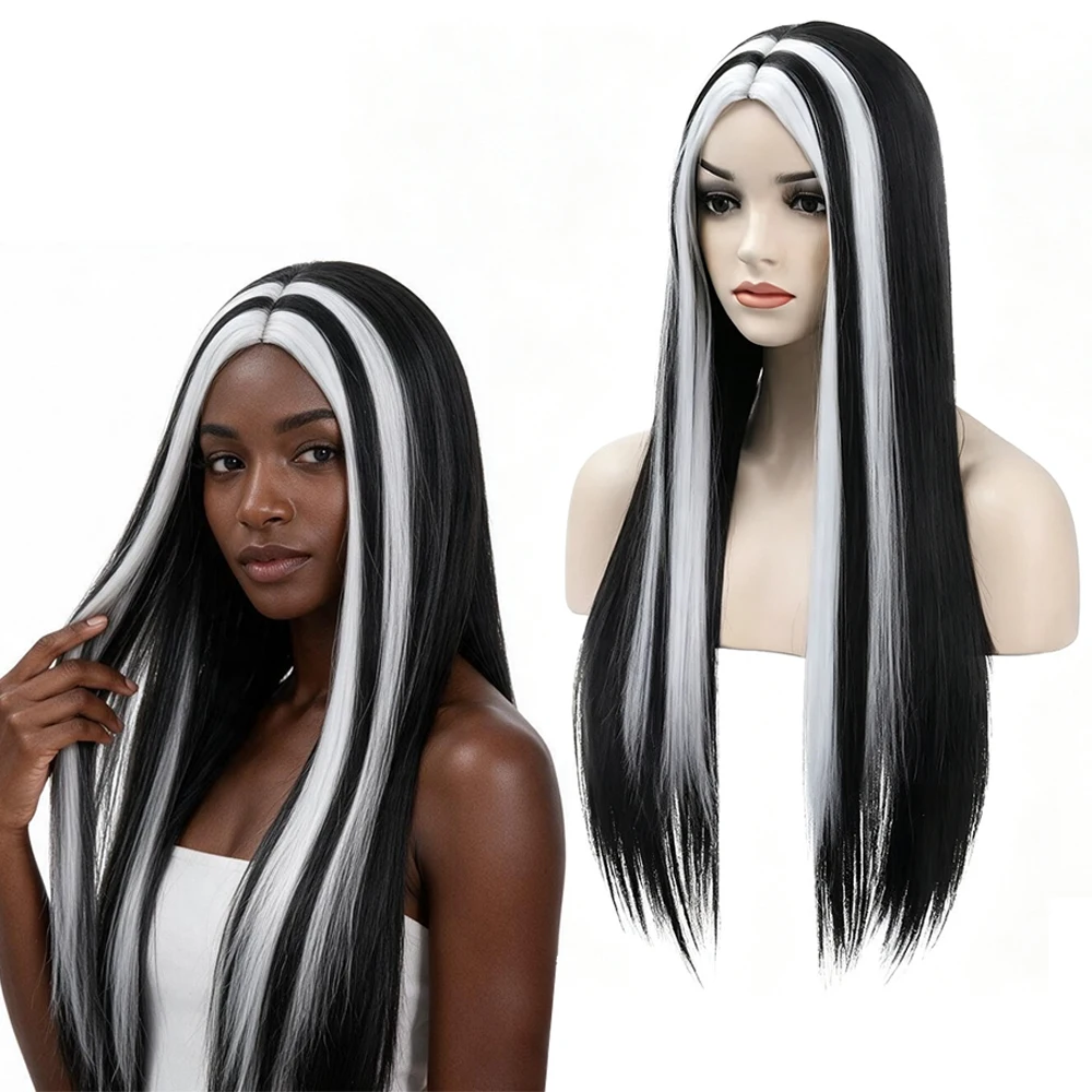Black and White Contrast Long Straight Wig with Highlights Synthetic Fiber African Woman Cosplay Wig Party and Holiday Headpiece