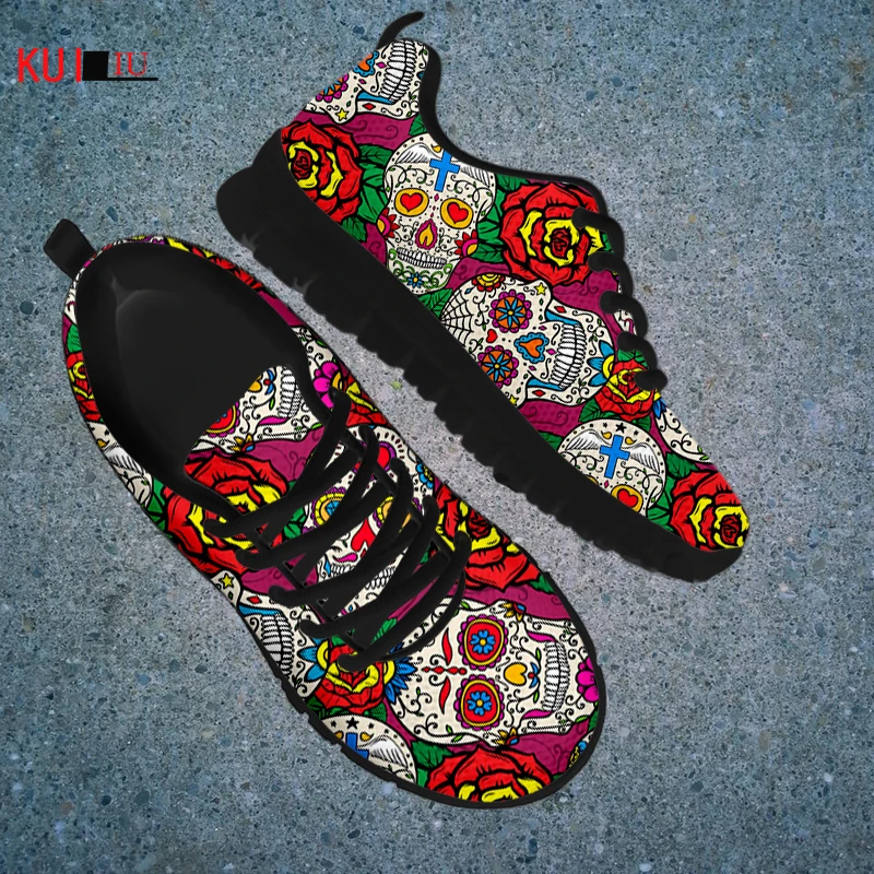 

KUILIU Red Rose Women Lace Up Sneakers Sugar Skull Floral Print Mesh Shoes Light Casual Black Youth Walking Footwear Dropship