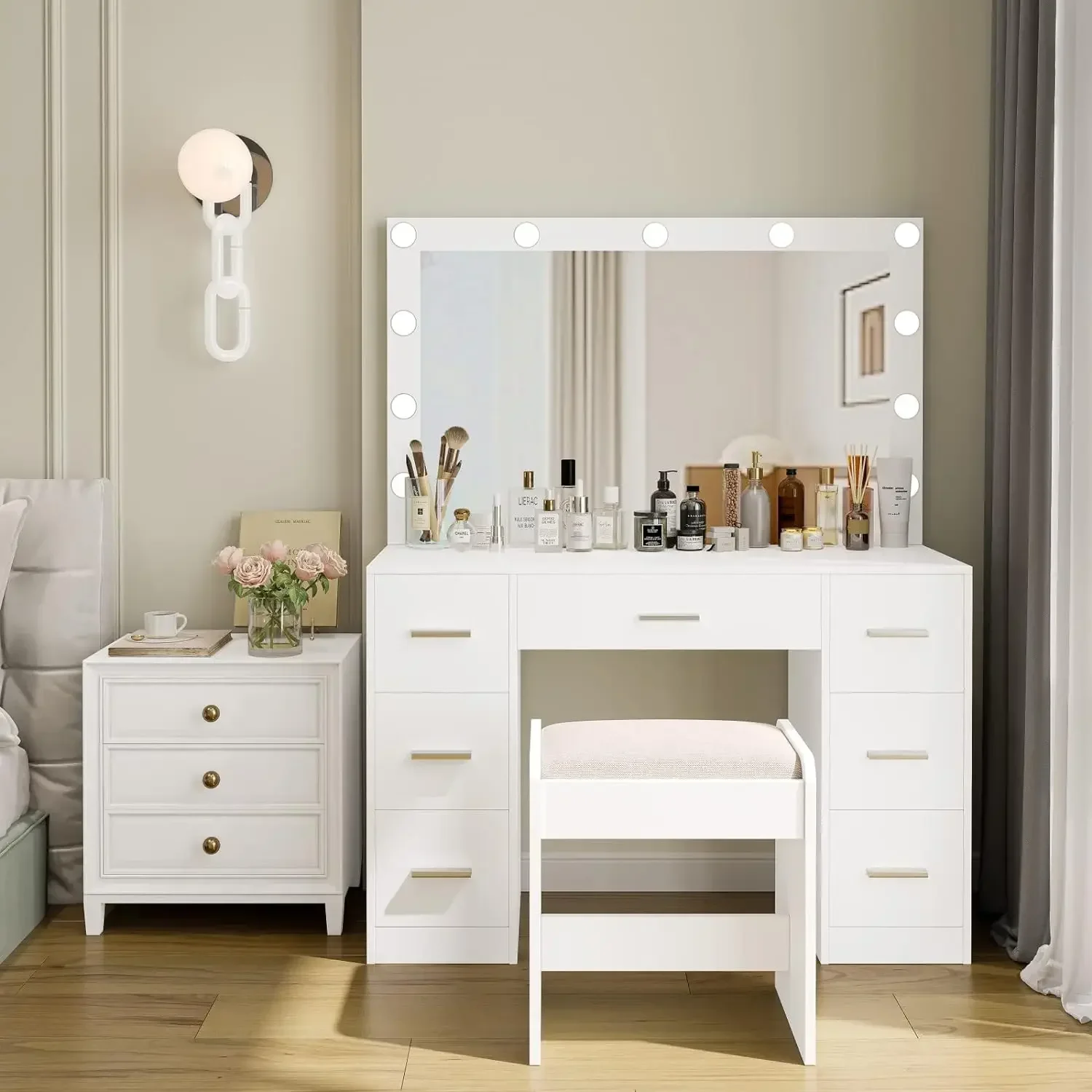 Vanity Table, Makeup Table with Lighted Mirror, 3 Color Lighting Modes, Brightness Adjustable,Dressing Table with Drawers, White