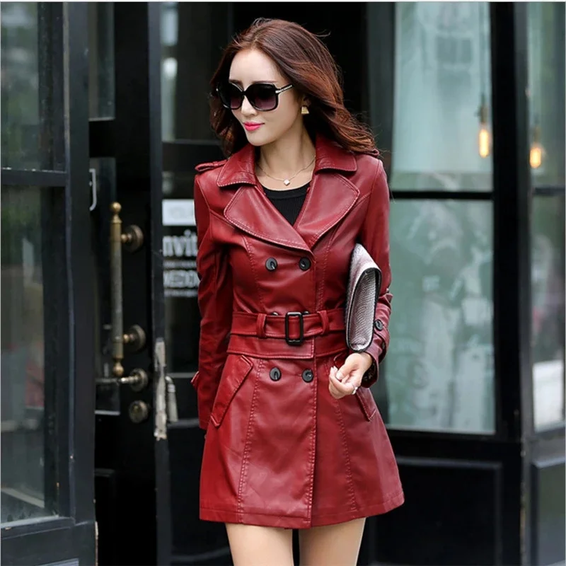 2023 Autumn New Women Long Leather Jacket Slim Oversize Bow Belt Motorcycle PU Coat Female Detachable Bomber Jacket L-6XL