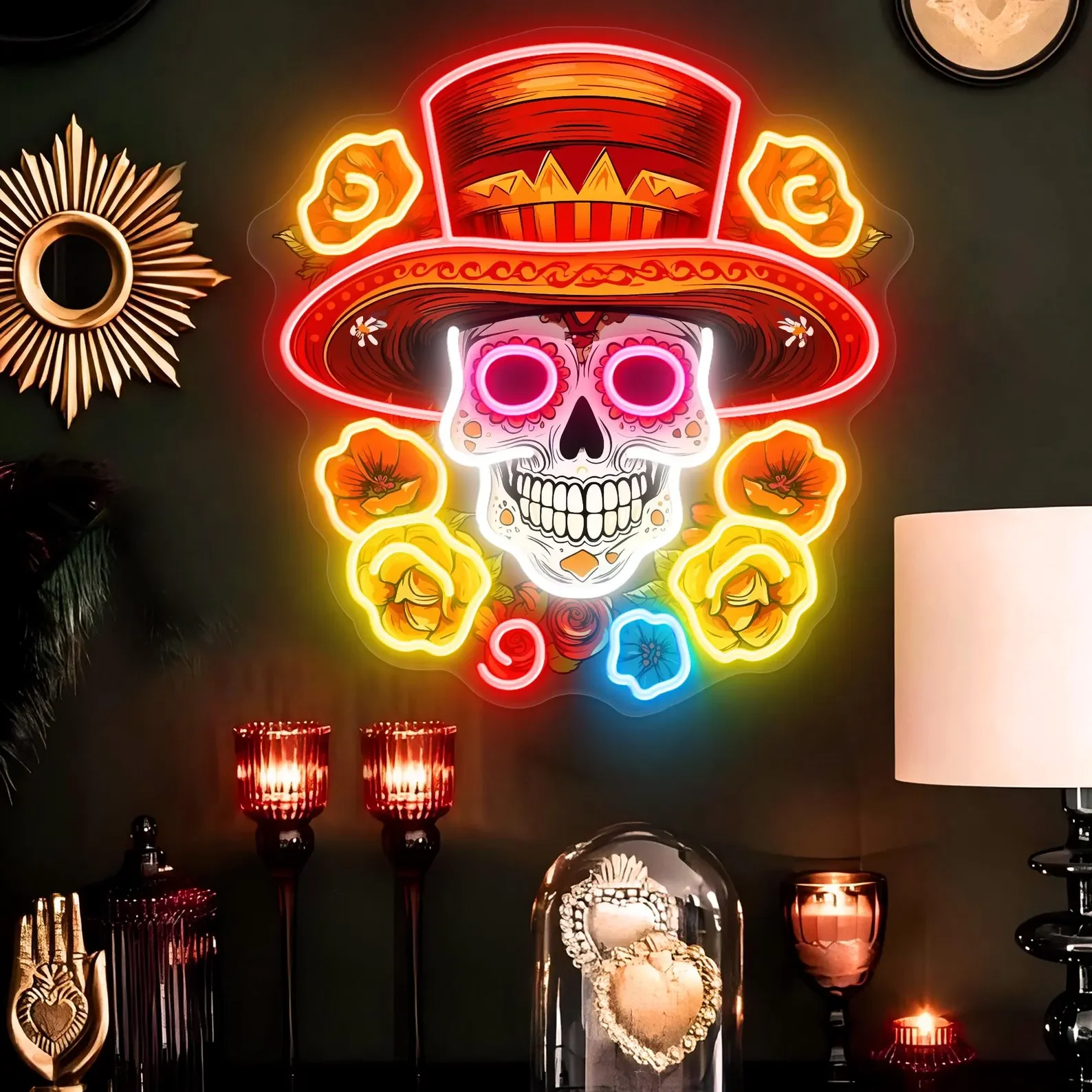 Day of the Dead Neon Sign Mexican Sugar Skull LED Neon for Home & Bar UV Printed Decor Halloween & Día de Muertos Party Decor