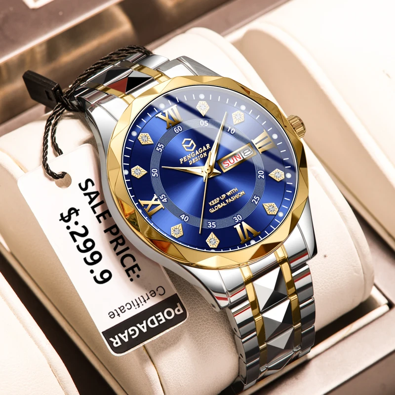 

PENGAGAR Роскошные спортивные кварцевые мужские наручные часы Водонепроницаемые светящиеся мужские часы с датой недели Мужские часы из нержавеющей стали Мужские часы Reloj + Bo