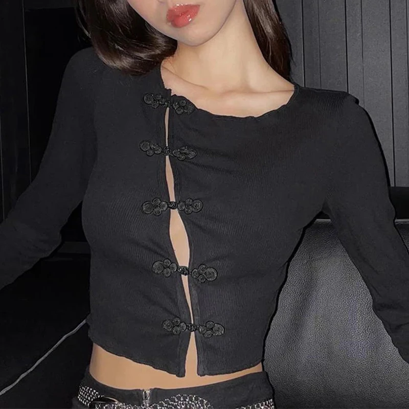 Beautiful black long sleeved wholesale fashion fun Harajuku long sleeved women\'s slim fit top T-shirt gothic punk kpop clothing