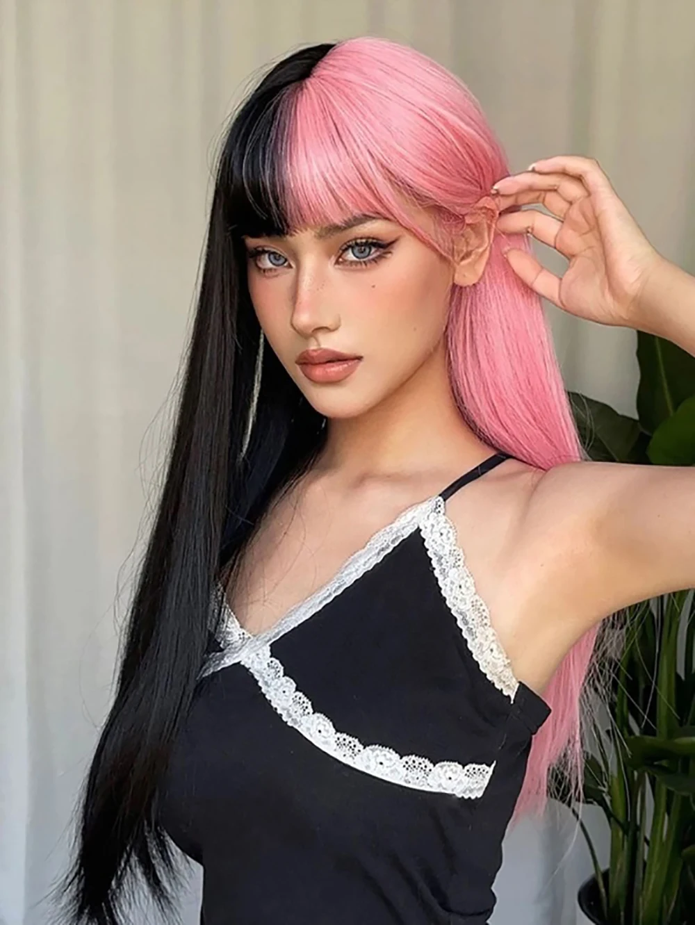 HENRY MARGU Black and Pink Long Straight Synthetic Hair Cosplay MelanieMartinez with Bangs for Women Halloween Wigs