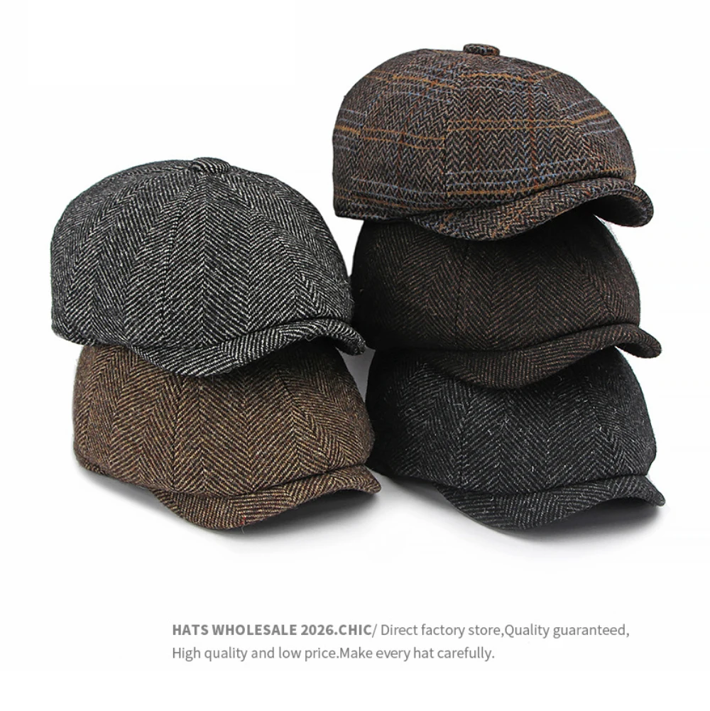 HT5166 Berets 2026 New Autumn Winter Wool Beret Cap Men Women Artist Painter Plaid Octagonal Beret Hat Male Female Ivy Flat Caps