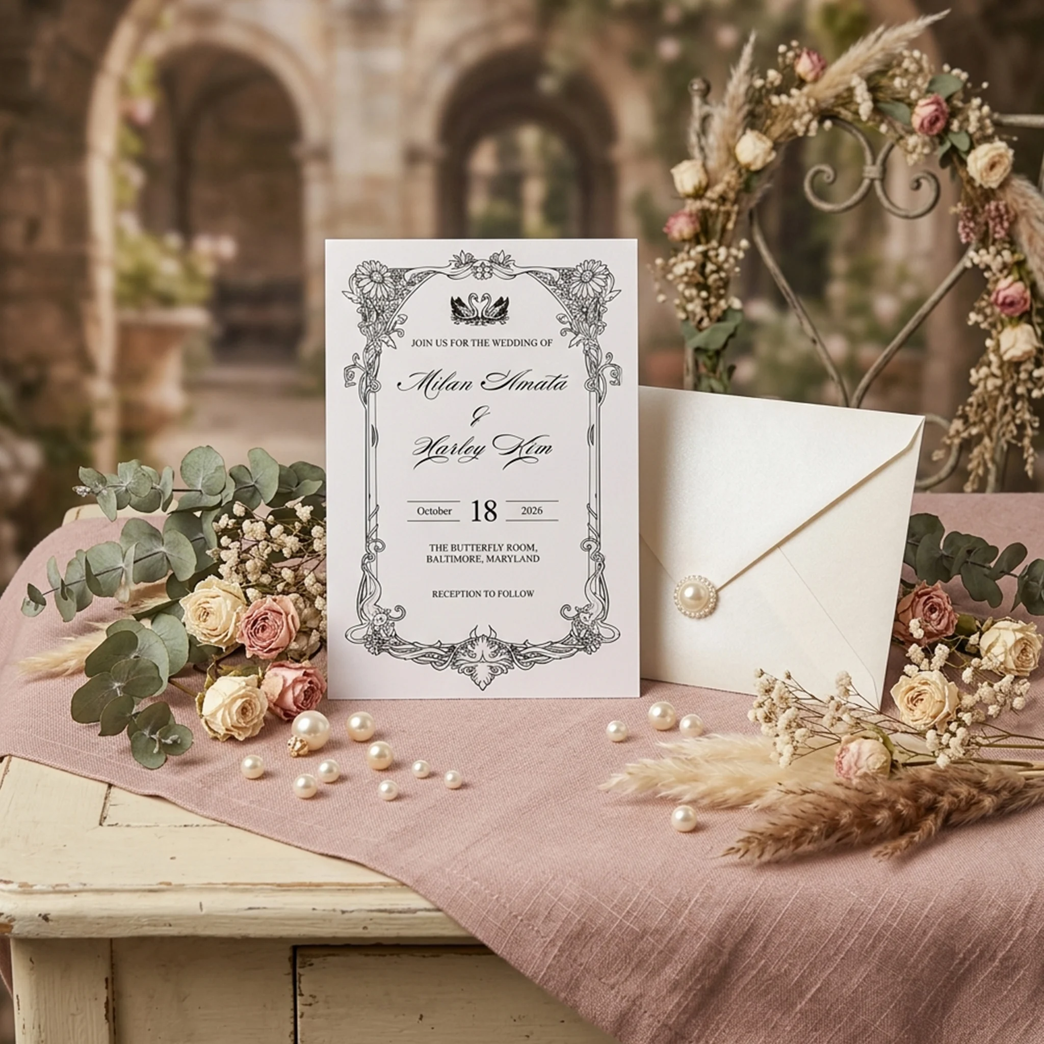 

Elegant Personalized Wedding Invitation Set with Pearlescent Envelope Custom Name & Date Save the Date