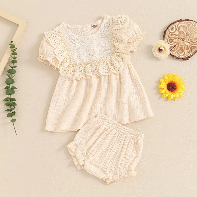 

Baby Girls Summer Shorts Sets Flying Sleeve Eyelet Embroidery Lace Tops PP Shorts Sets