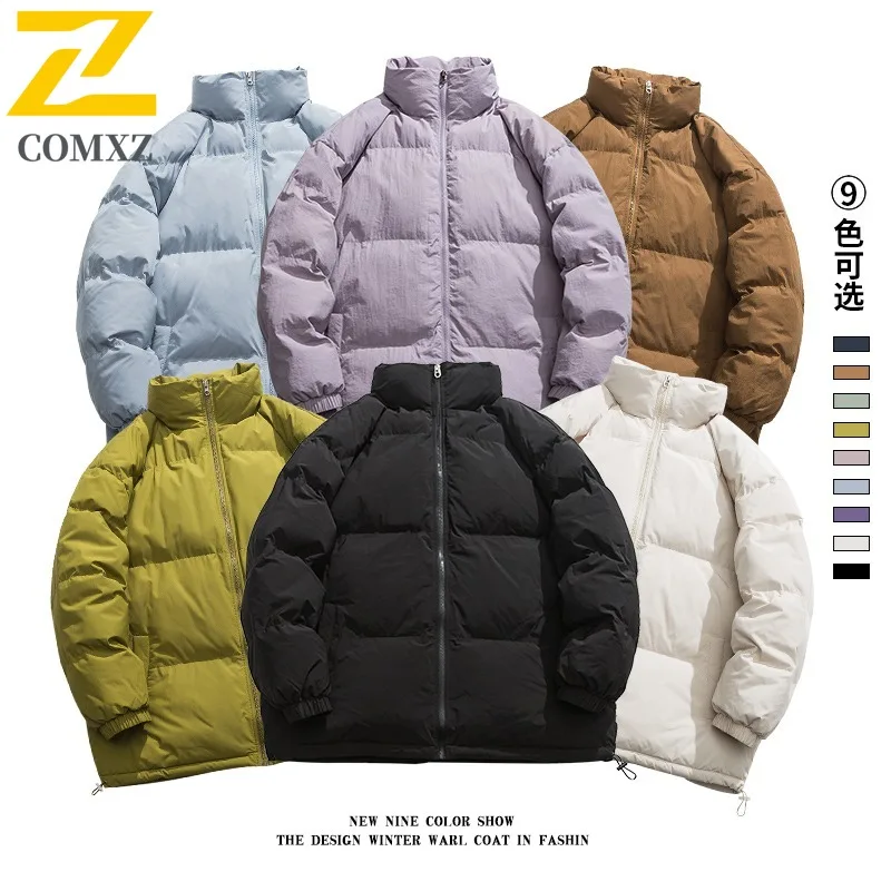 COMXZ New Solid Color Hong Kong Style Loose Warm Puffer Jacket Couple Stand Collar Casual Cotton Coat lightweight windbreaker