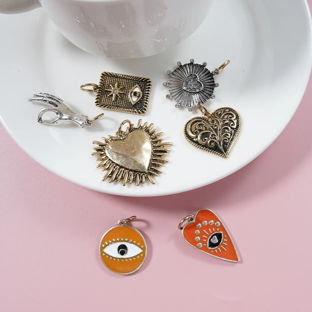 1PCS Edgy Bohemian Mystic Symbol Single Sold Pendant Antique Oxidized Gold Silver Tone Embossed Enamel Rhinestone Evil Eye Heart
