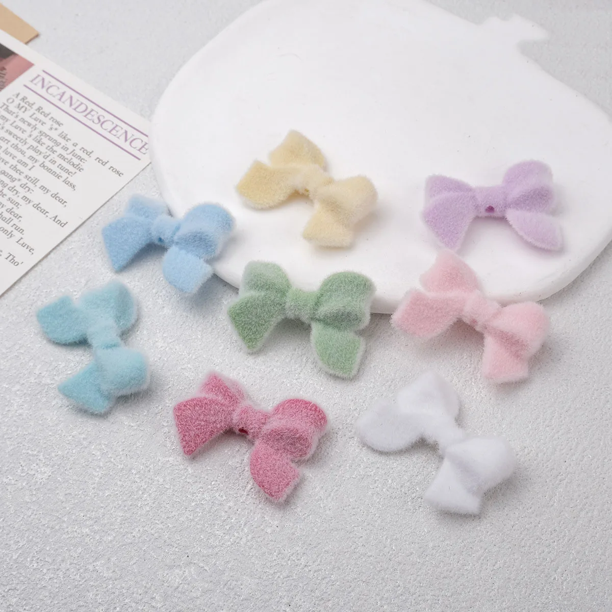 Fresh New Pastel Colors Wool Velvet Acrylic Ribbon Tie Bow Beads Fit Winter Ornament Accessories Material Craft 34*24*8mm 100pcs