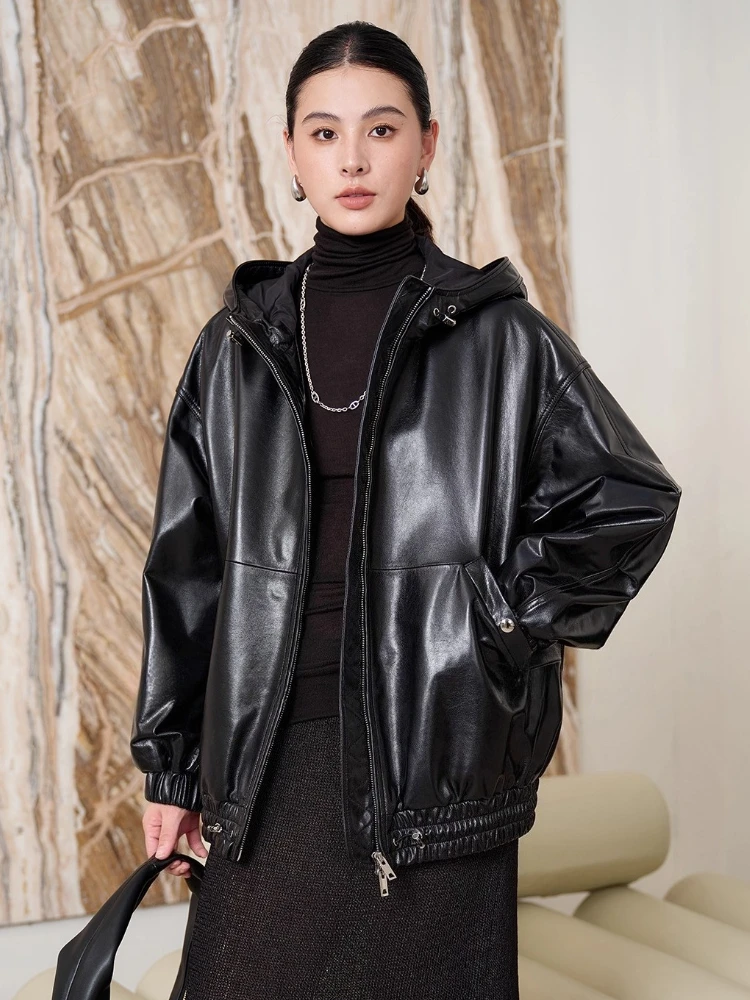 

Casual Hooded Genuine Leather Jackets for Women Autumn Winter 2026 New High-end Simple Loose Soft Black Real Sheepskin Coat