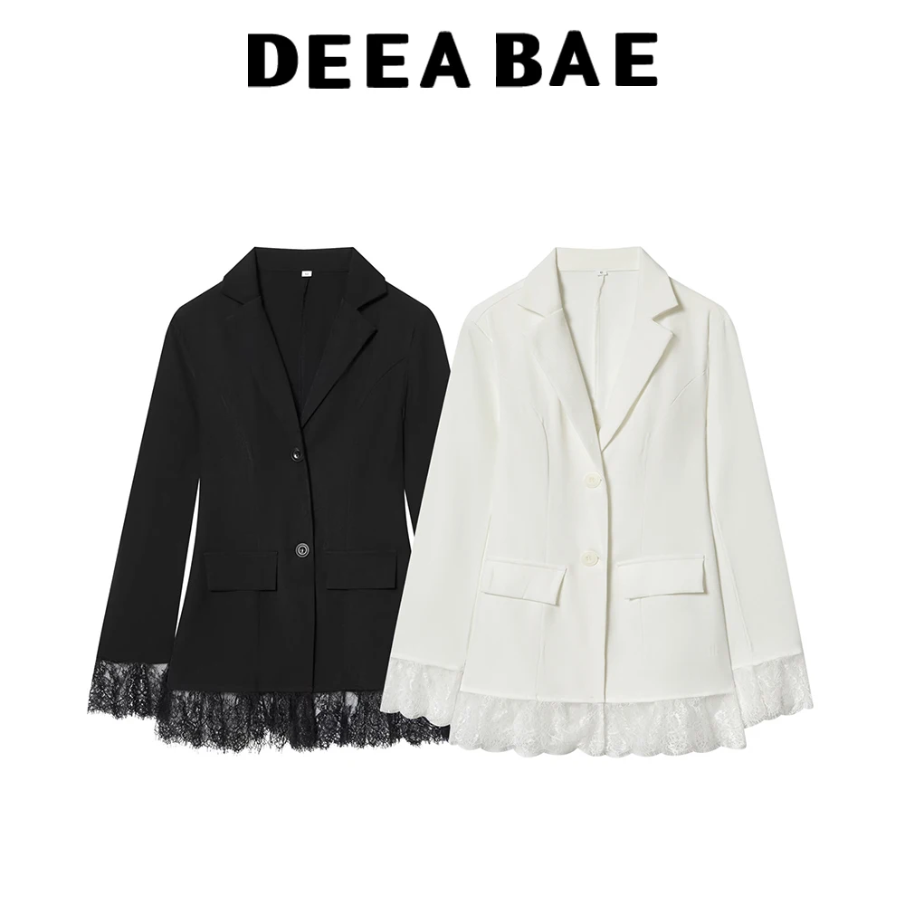 

DEEABAE Winter new women's commuting style lapel long sleeved single breasted waist slimming lace patchwork suit jacket