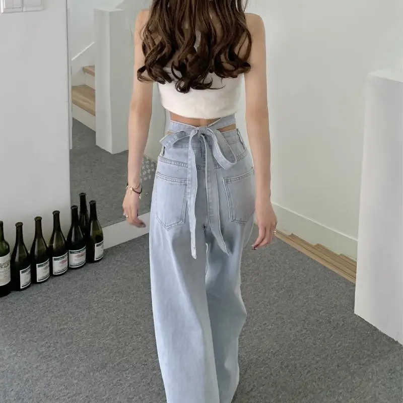 Designer High Waisted Jeans Women Drawstring Bow Y2K Girls Jeans Korean Sweet Cotton Summer Pants Wide Leg Pants