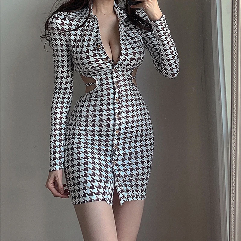 ZURICHOUSE Spring Summer Hollow Out Bandage Bodycon Sexy Dress Fashion Single Breasted Long Sleeve Houndstooth Mini Dress Women