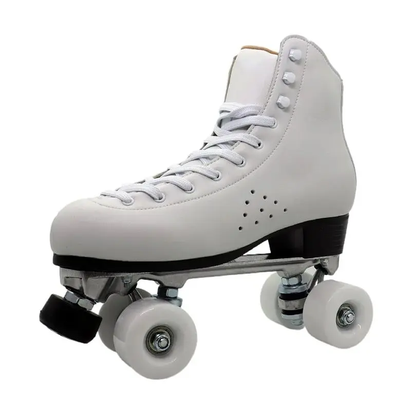 Mens White Quad Roller Skate Double Line Skates Cowhide 2 Row Skating Shoes Unisex Retro Sport Patines Sliding Gears Size 33-48