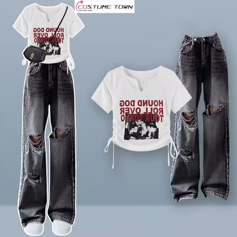 Korean Fashion Short Sleeved T-shirt Summer Sweet Cool Women's Set+High Waist Personalized Perforated Jeans Two Piece Set