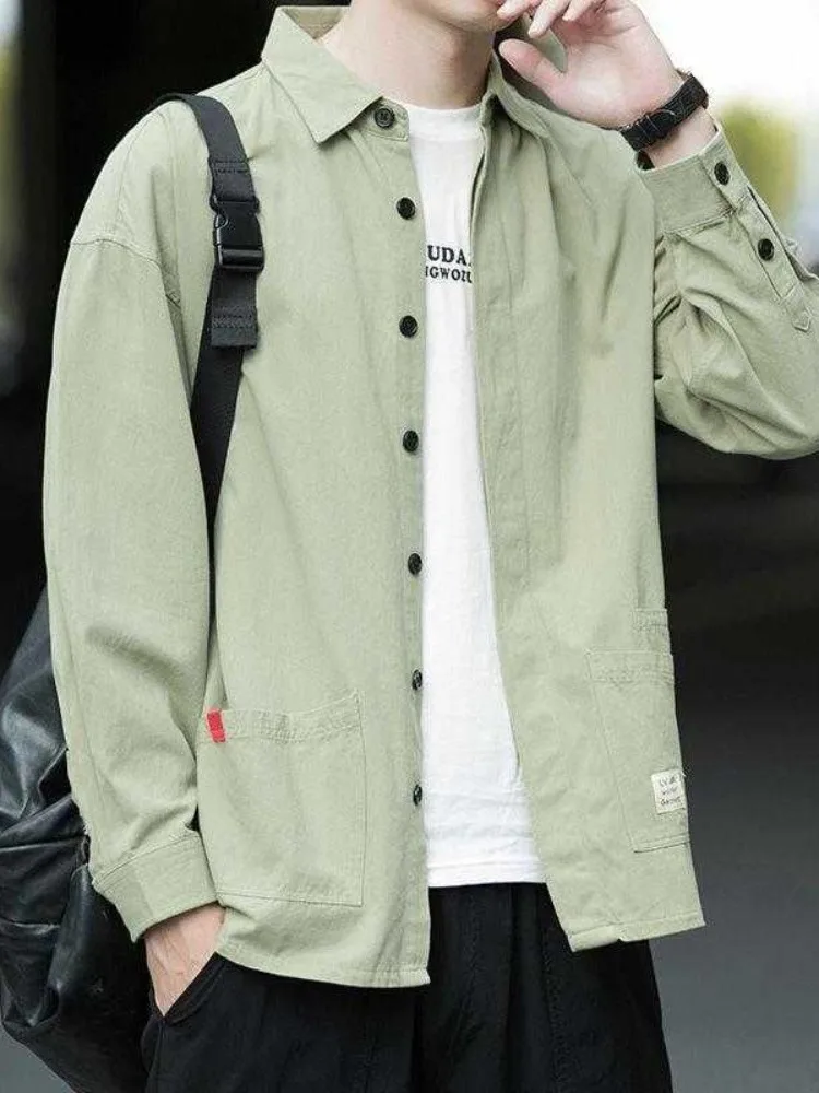 

Men's Long Sve Workwear irt Casual Hong Kong Sle Loose Student Coat Spring New Arrival Travel Friendly Tailored Fit